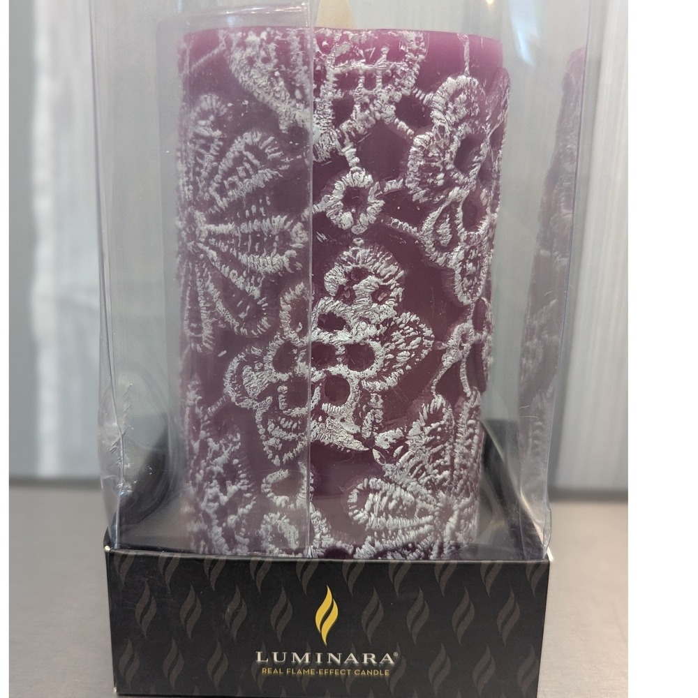 Luminara Purple Wine Embossed Lace Flameless LED Pillar Candle 3.25x6.5 LU5074